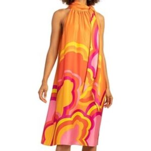 NWT SZ S Trina Turk Orange and Pink Halter Midi Dress With Neck Tie